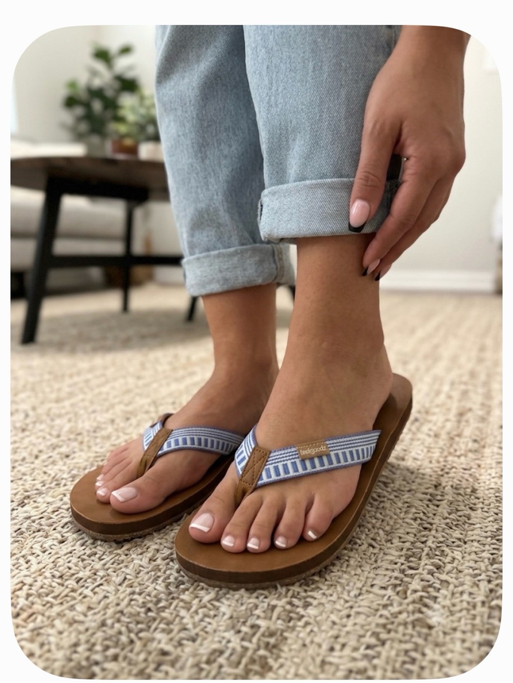 Women's Tan Footbed Flip-Flop Sandals with Blue Striped Straps